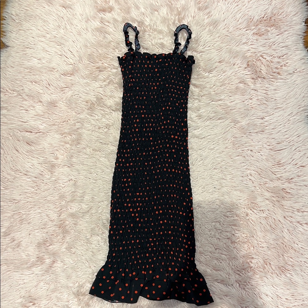 Black Polka Dot Smocked Midi Dress | Size Small (Stretchy)